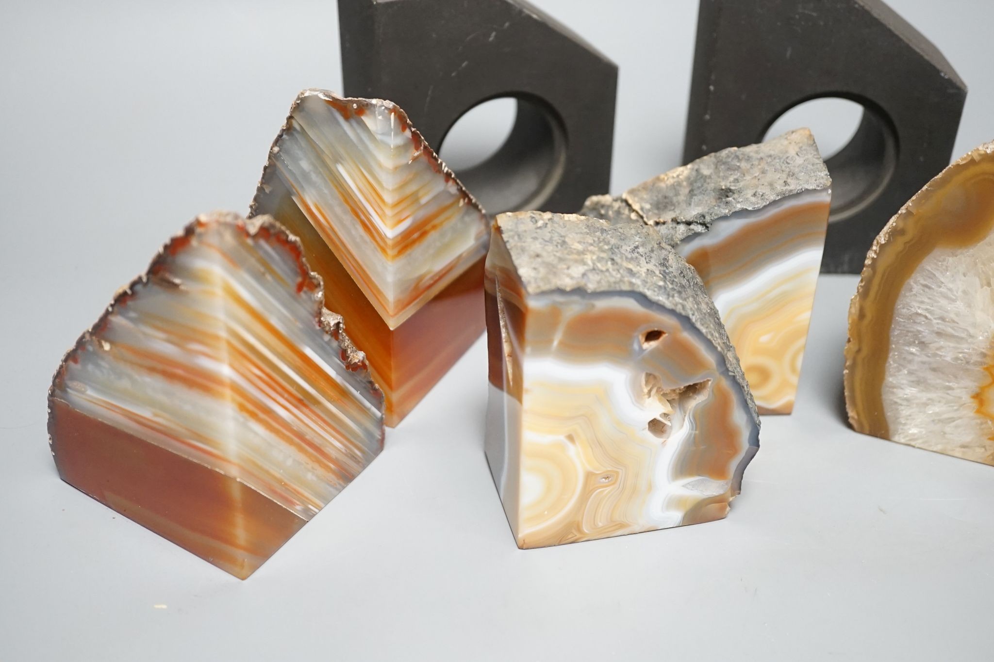 Three pairs of agate geode and a pair of slate bookends
